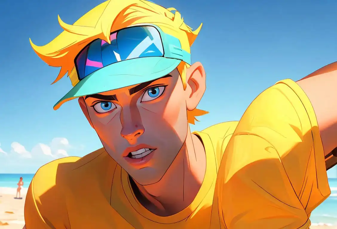 Young man named Chad, wearing bright colors and a visor, skateboarding in a sunny beach town..