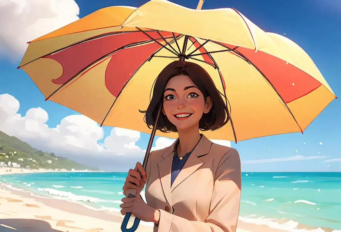 Smiling weather person holding an umbrella, dressed in professional attire, in front of a sunny beach backdrop..