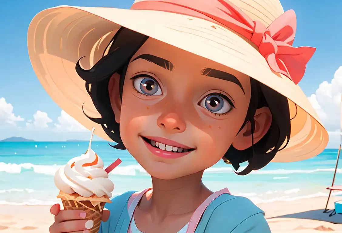 Young child enjoying a free ice cream cone, wearing a sun hat, summer beach setting, surrounded by smiling friends..