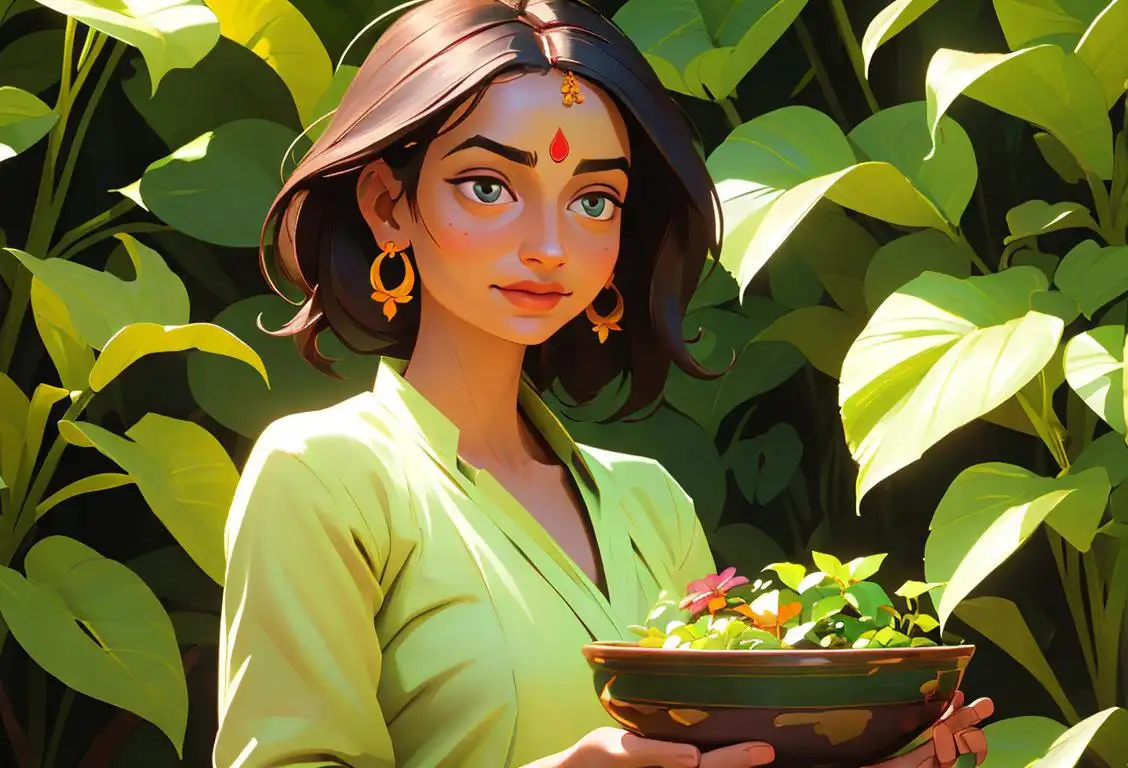 Young woman surrounded by lush greenery, holding a bowl filled with colorful herbs and flowers, wearing traditional Indian clothing with a serene expression on her face..