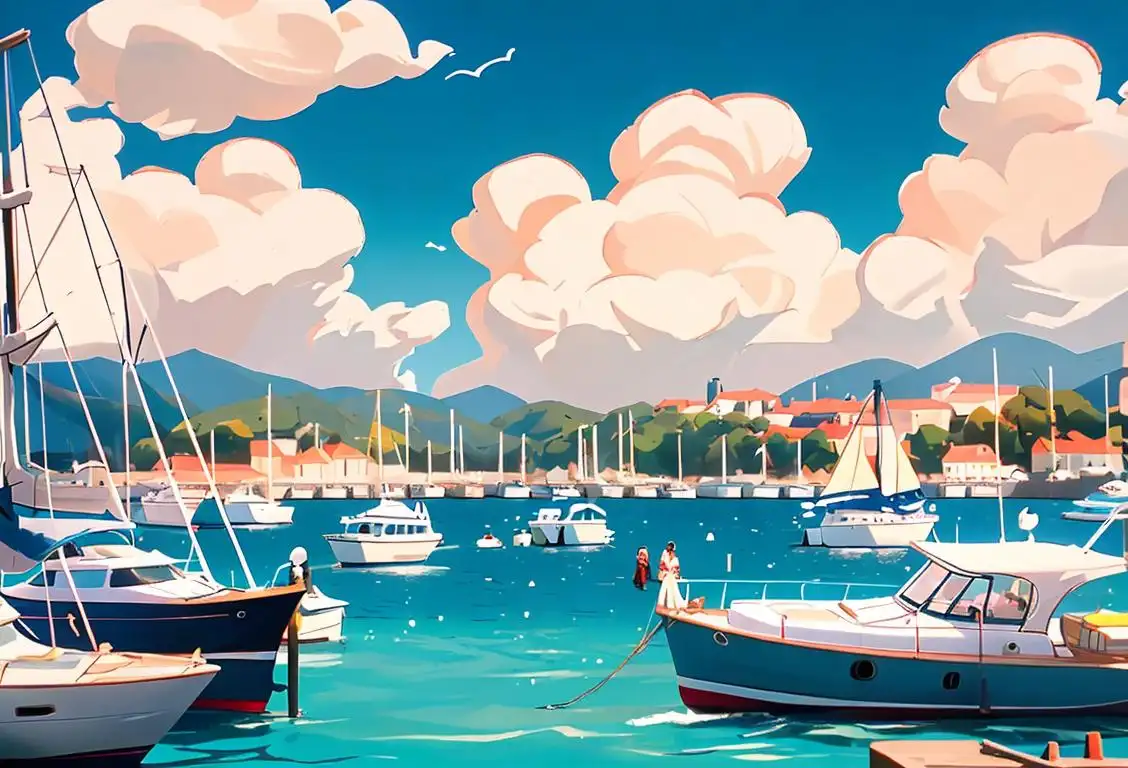 A group of people in nautical attire, enjoying a sunny day at the marina, with colorful sailboats and sparkling blue water in the background..
