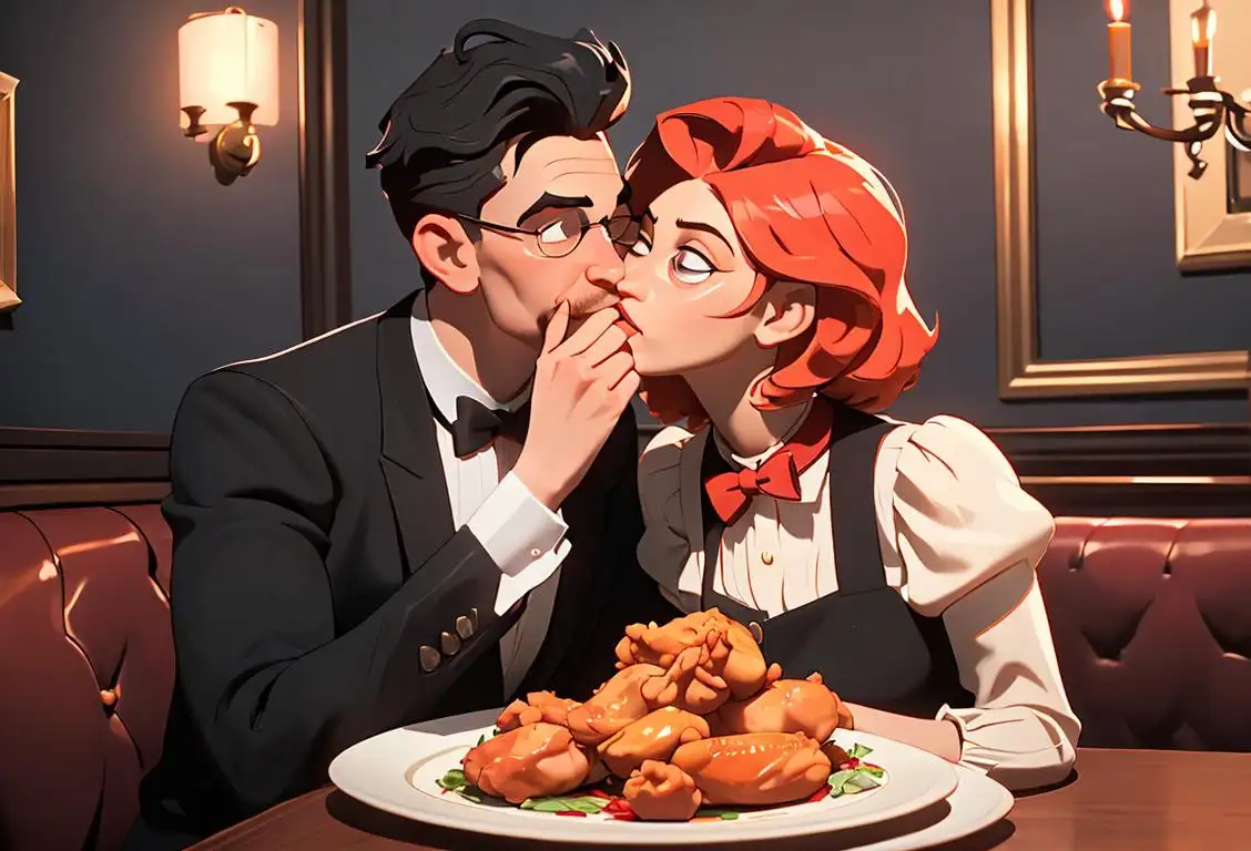A couple in a cozy restaurant, sharing a tender kiss while holding a plate of delicious fried chicken. Classic romantic attire, candlelit ambiance..