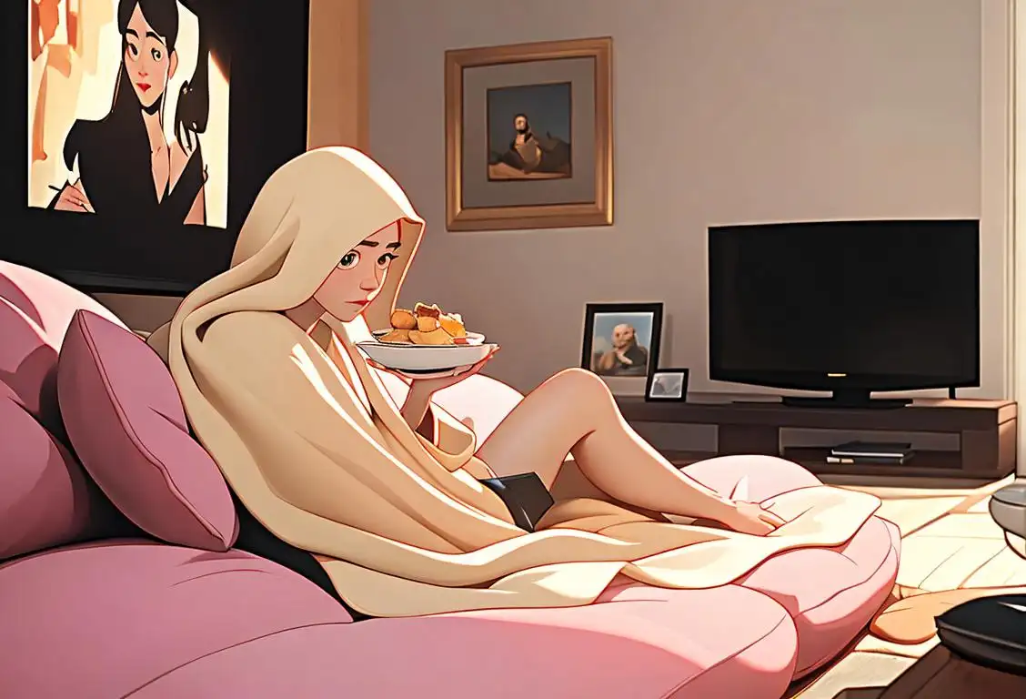 A cozy living room scene with a person wrapped in a blanket, watching TV surrounded by pillows and snacks, showcasing comfy attire and a relaxed atmosphere..