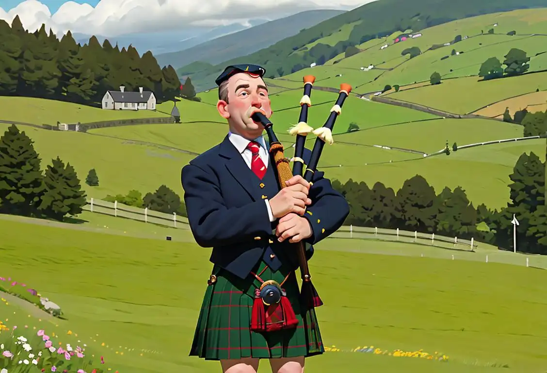 A cheerful bagpiper playing the pipes, wearing a traditional Scottish kilt and a tartan shirt, surrounded by rolling green hills..