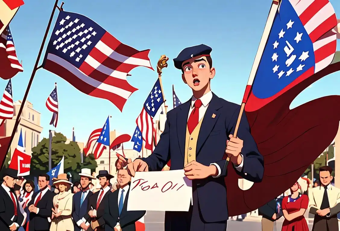 Young man in patriotic attire, holding a ballot, surrounded by diverse crowd in a bustling city square, American flags waving in the background..
