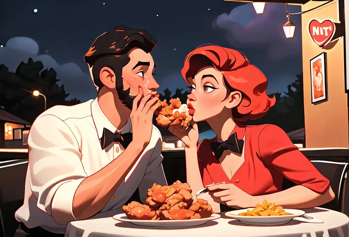 Young couple sharing a bucket of fried chicken while kissing under a romantic night sky, dressed in retro 1950s fashion, classic diner setting..