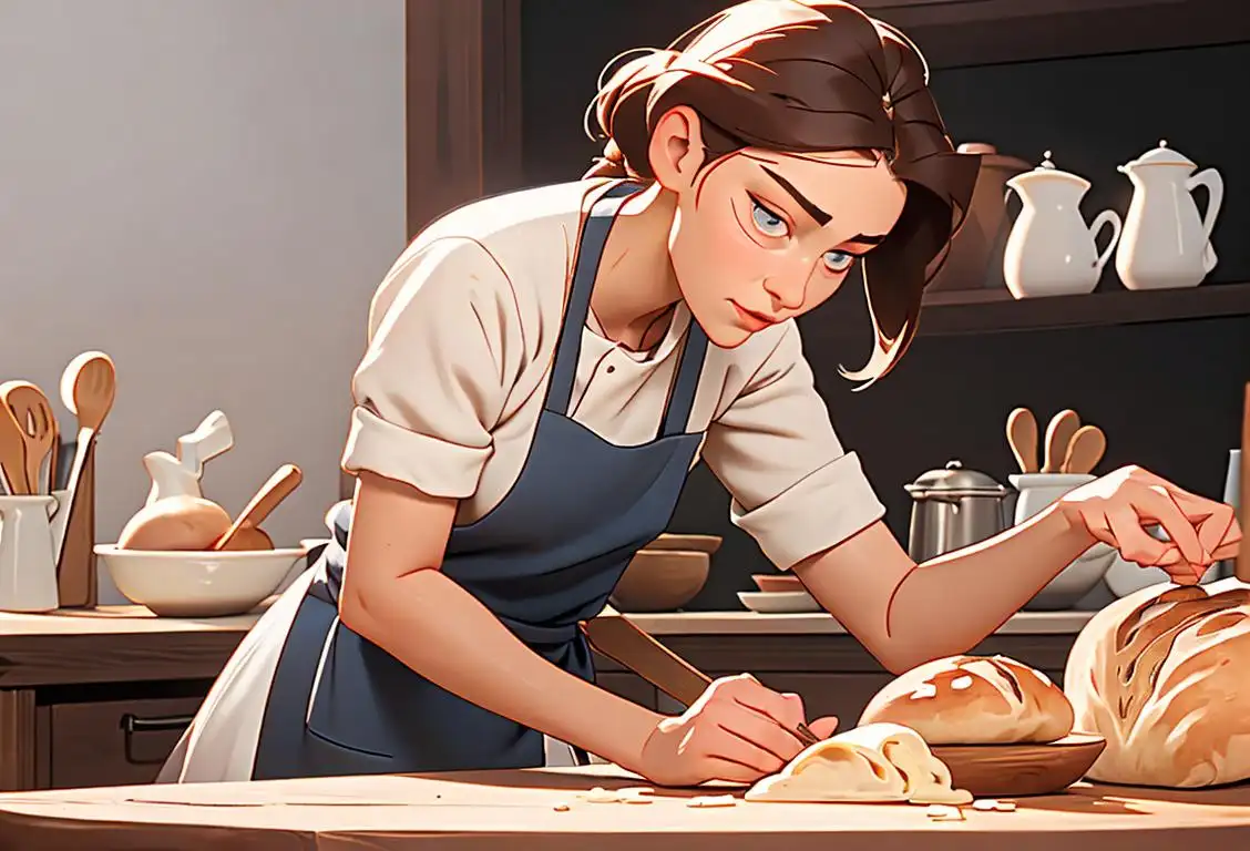 Young woman kneading sourdough dough, wearing a chef's apron, rustic kitchen setting with ingredients on a wooden table..