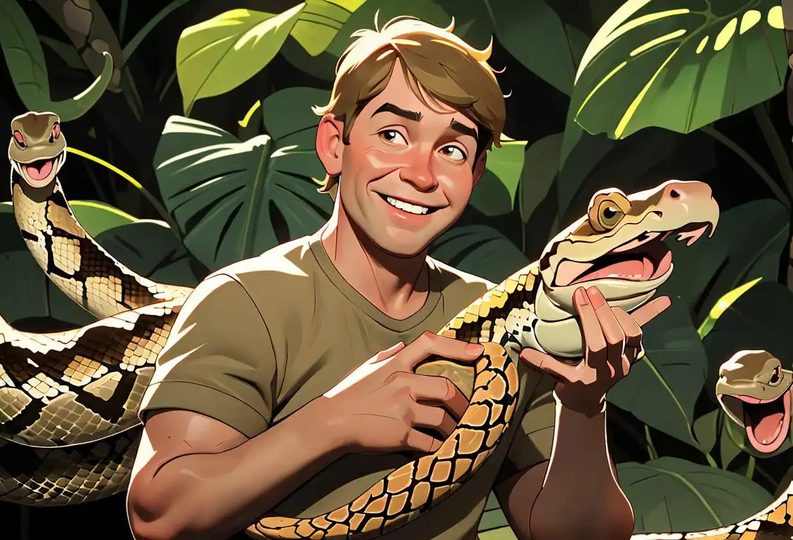 A smiling man with khaki shorts, holding a large snake, surrounded by a lush Australian rainforest..