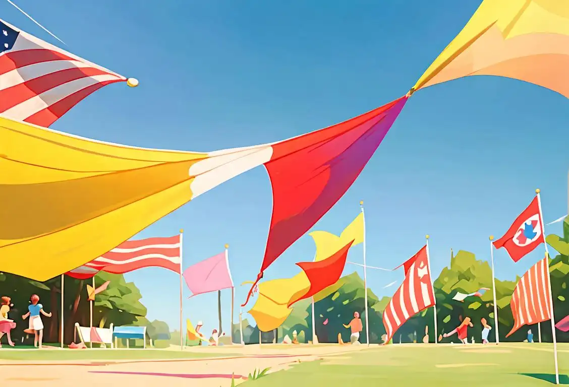 Colorful flag banners fluttering in the breeze, surrounded by cheerful people in summer attire, against a sunny outdoor park setting..