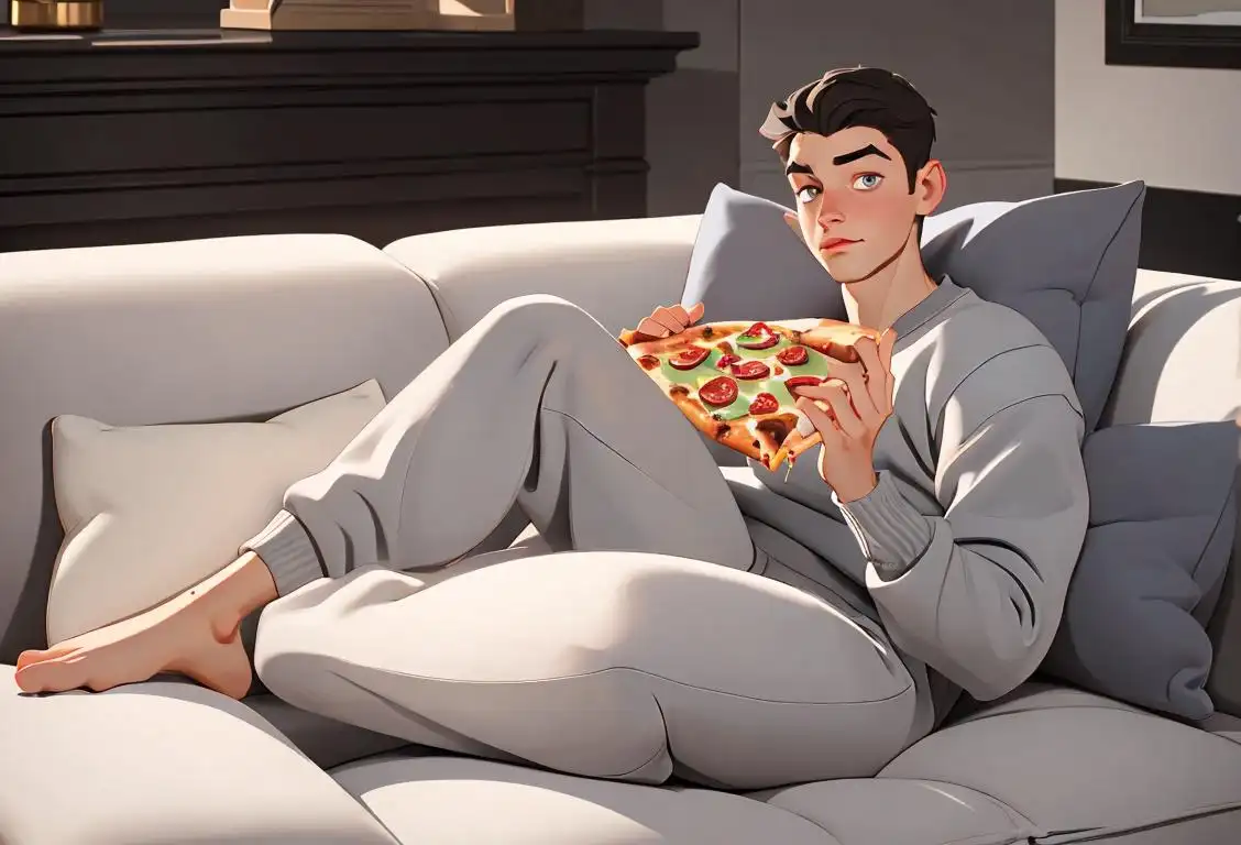 Young man lounging on a sofa, wearing grey sweatpants, holding a pizza box, surrounded by cozy pillows..