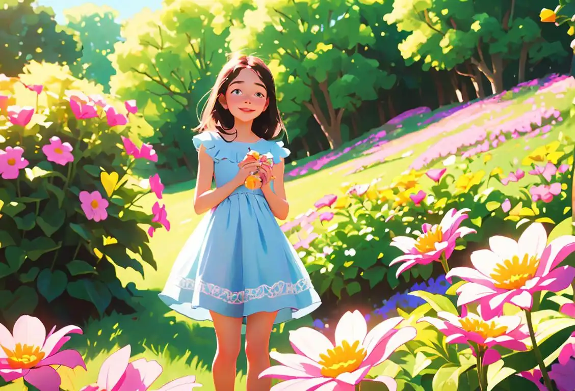 Young person enjoying a magical moment outdoors, wearing a sundress, surrounded by vibrant nature and beautiful flowers..