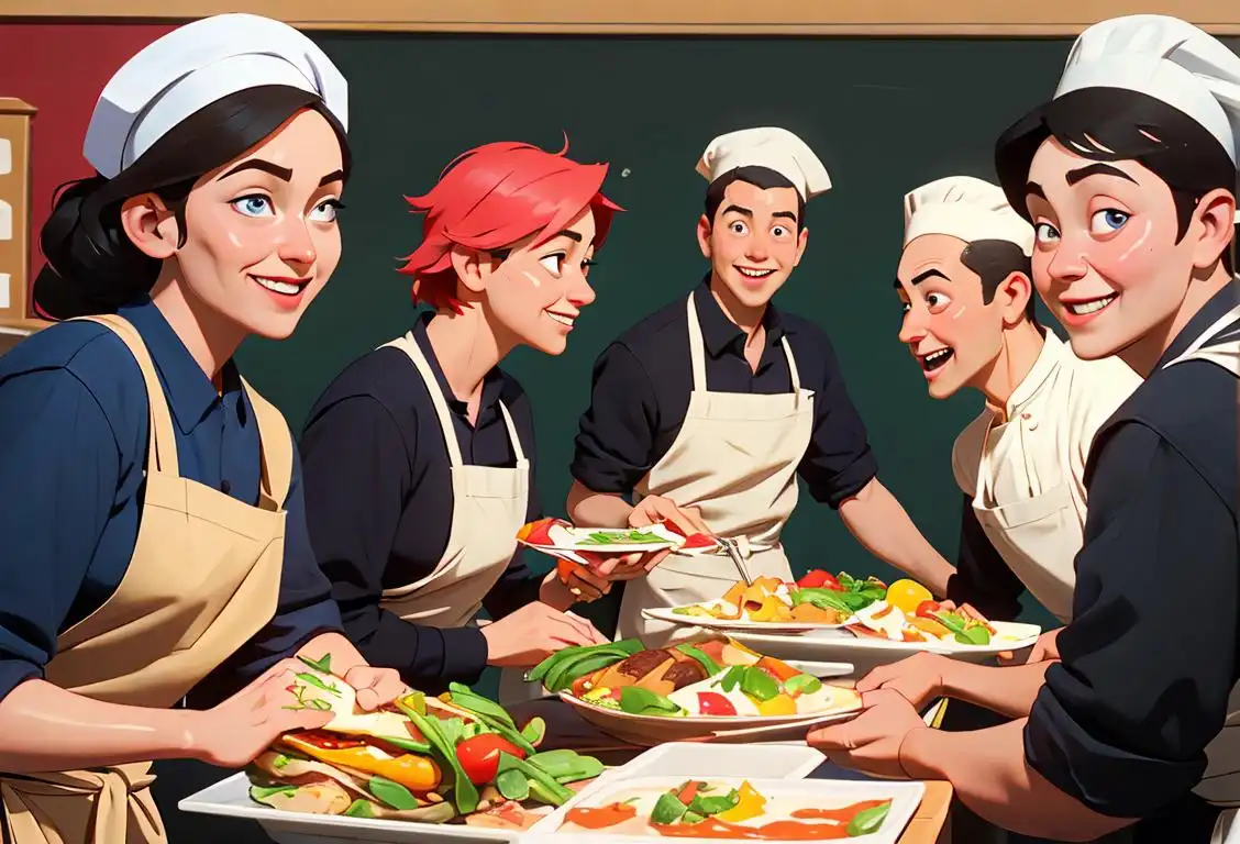 A group of chefs in colorful aprons, serving a variety of delicious meals with a smile, in a bustling cafeteria..