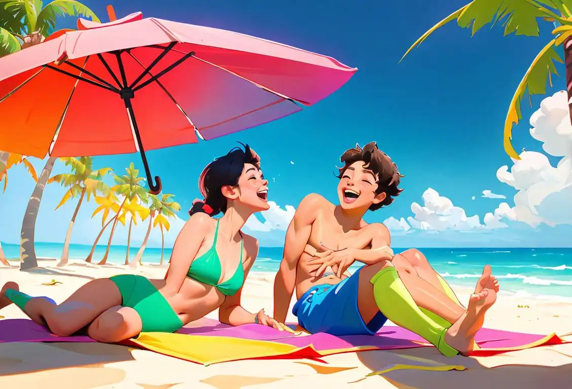 Two best friends laughing together on a sunny beach, wearing colorful swimwear, surrounded by beach umbrellas and palm trees..