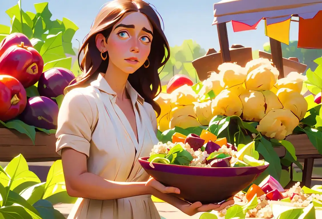 Young woman holding a bowl of quinoa salad, wearing a boho-chic outfit, surrounded by colorful farmers market produce..