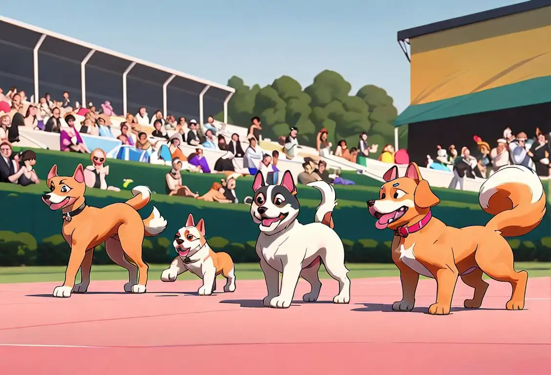 A group of adorable dogs of various breeds walking on a runway, with excited spectators cheering them on in a colorful outdoor setting..
