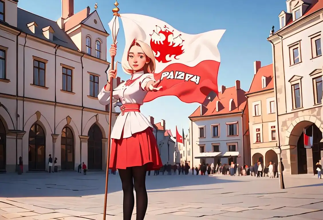 Young woman waving a Polish flag, wearing traditional Polish clothing, standing in a historic Polish city square..