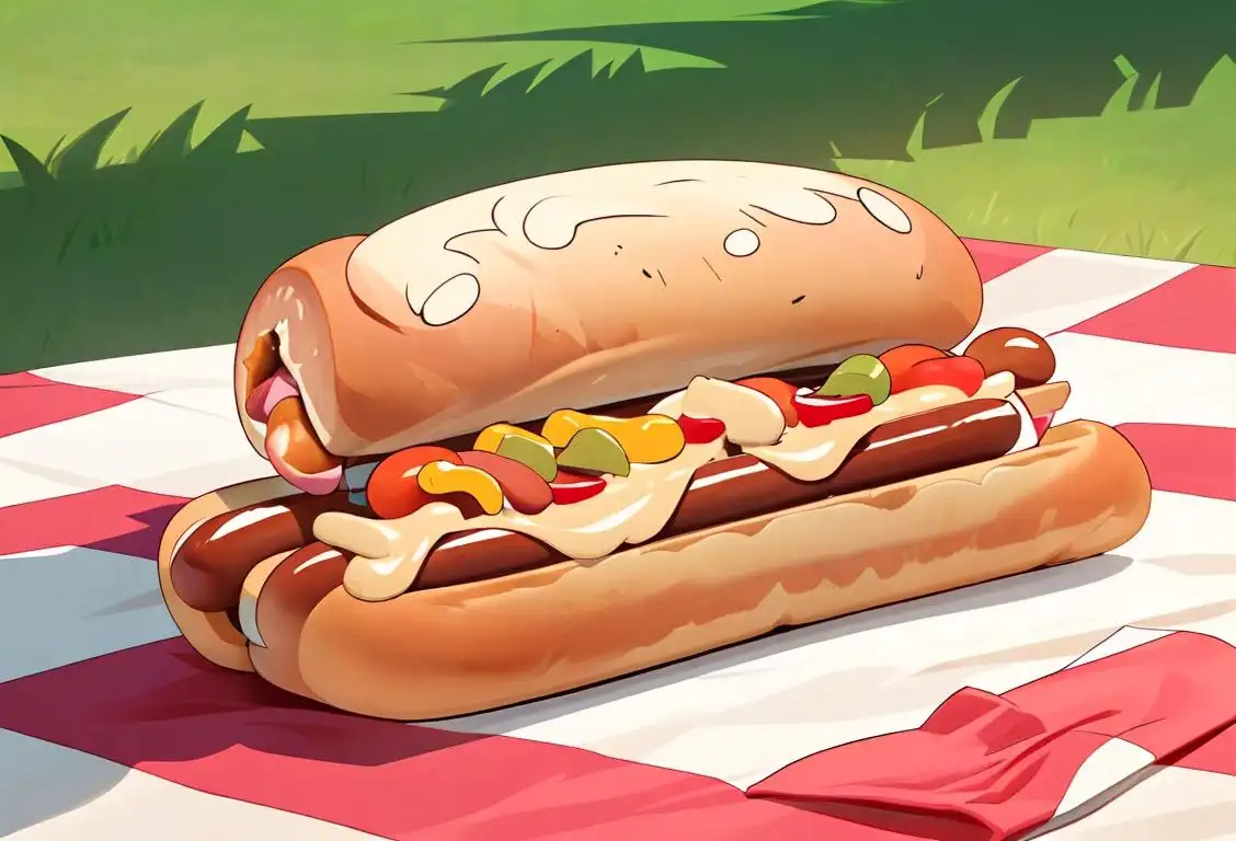 Hot dog connoisseur enjoying a mouthwatering hot dog topped with all the fixings, in a lively classic American picnic setting..