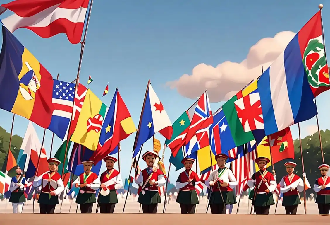 A group of diverse individuals holding national flags with smiles on their faces, representing unity and celebration. Some are wearing traditional clothing, while others are dressed in modern styles. The backdrop showcases a festive parade or outdoor gathering..