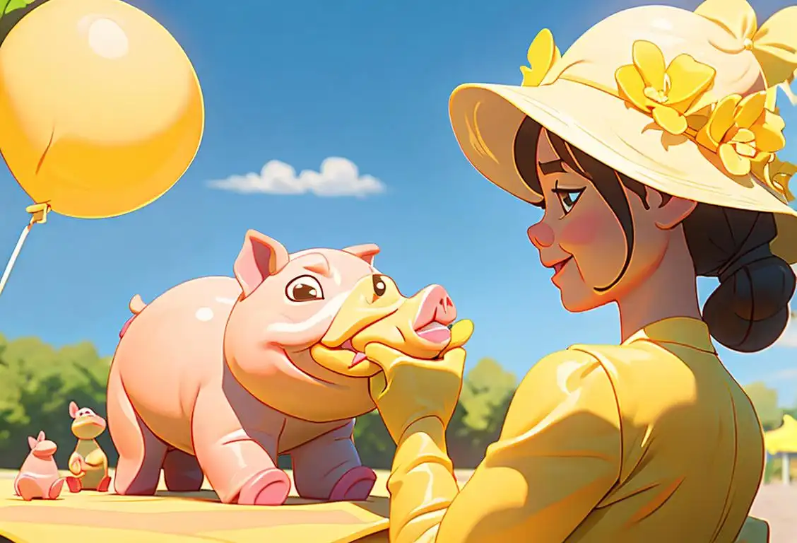 Young woman holding a rubber yellow pig toy, wearing a cheerful yellow dress, outdoor sunny picnic scene.