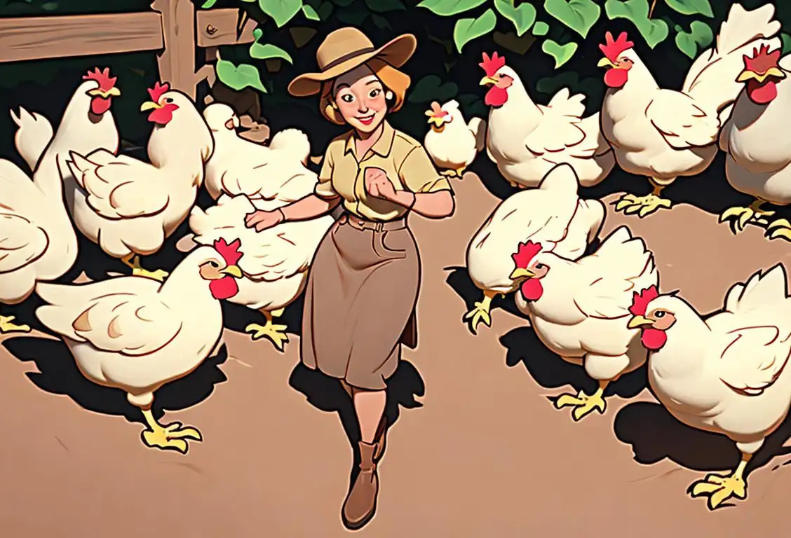 A joyful woman in a chicken-themed outfit, surrounded by chickens, in a cozy farm setting..
