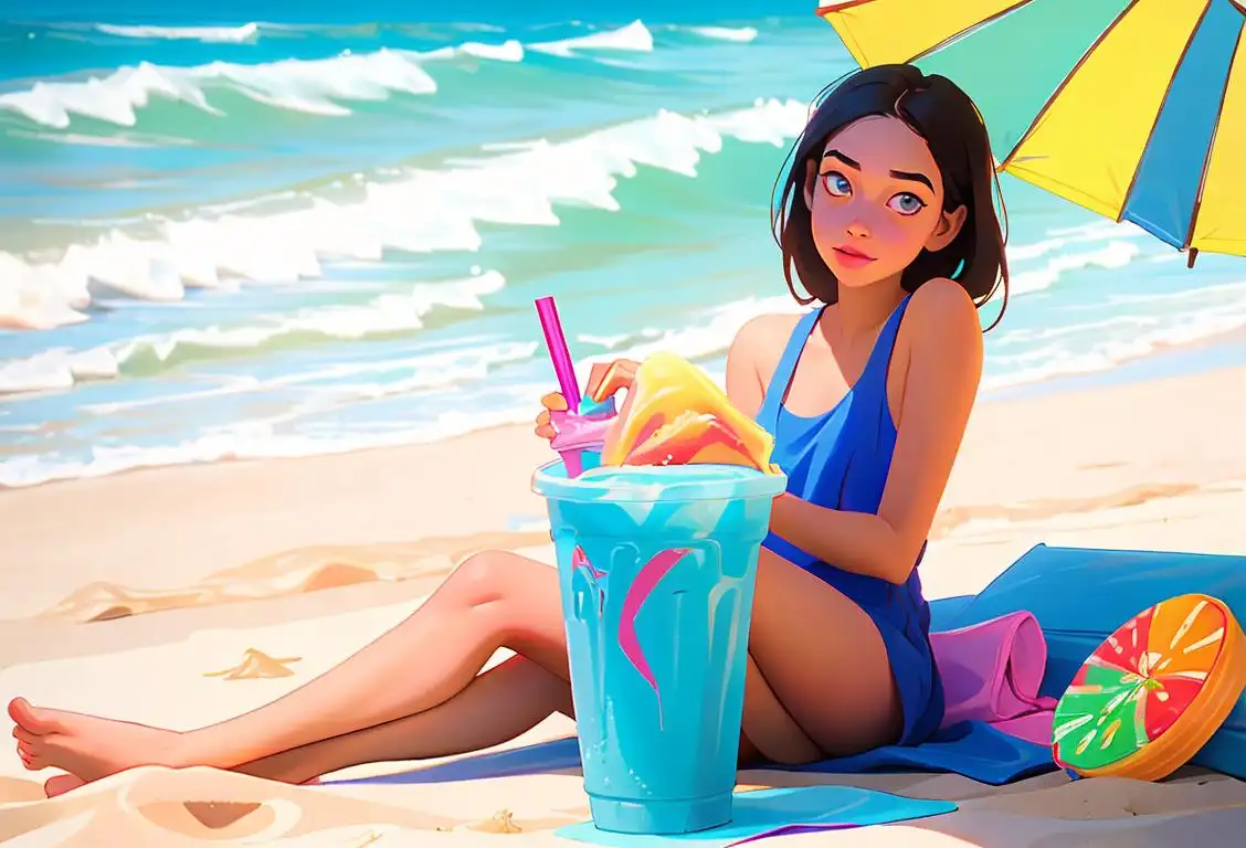 Young woman enjoying a colorful Slurpee, dressed in summer attire, sitting by a sunny beach..