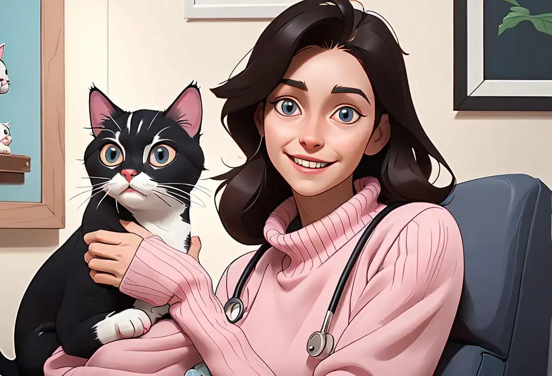 A smiling woman holding a cat carrier, wearing a cozy sweater, in a warm and welcoming veterinarian's office environment..
