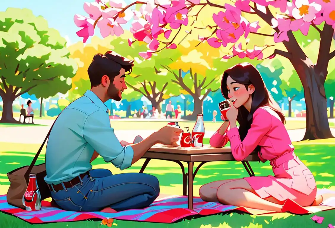 Young couple sharing a refreshing coke at a sunny picnic, wearing colorful summer outfits, surrounded by blooming flowers and a park setting..