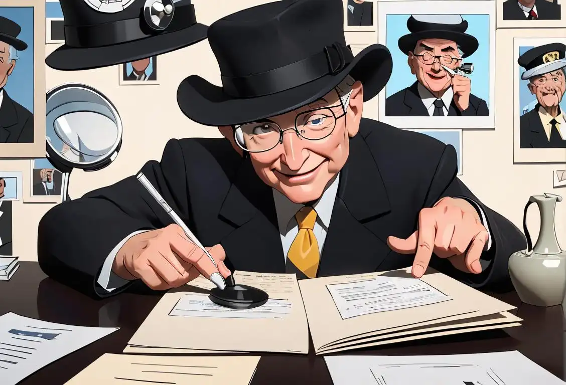 Happy person wearing a detective hat, holding a magnifying glass, surrounded by documents and a computer screen showing the words 'Medicare Fraud'..