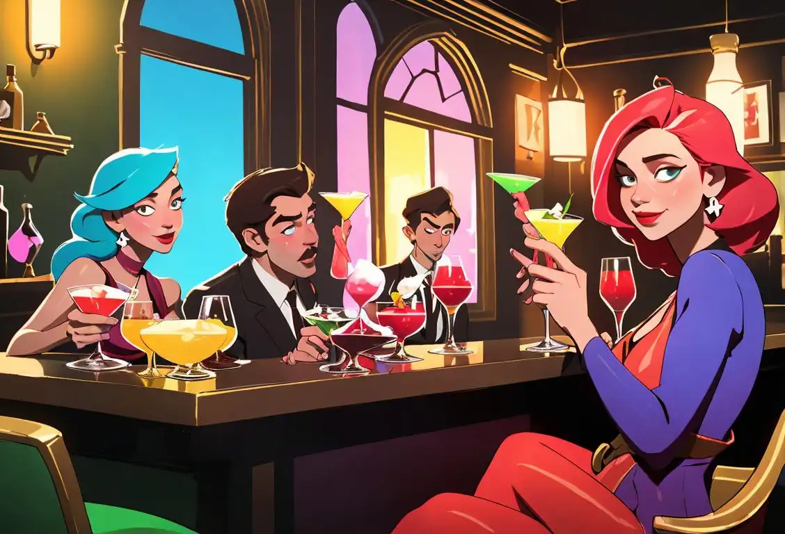 A group of friends cheers with colorful liqueur cocktails, dressed in trendy attire, enjoying a vibrant bar atmosphere..