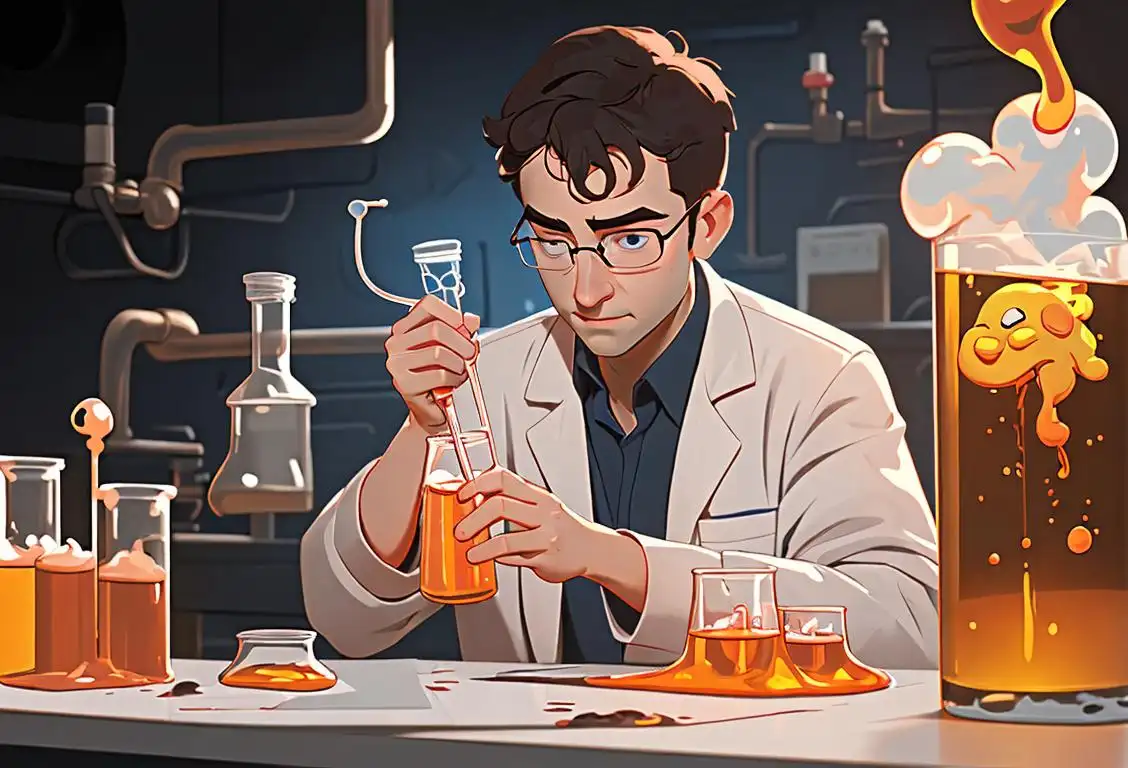 A young thermal engineer in a lab coat, holding a beaker of bubbling liquid, surrounded by thermometers and a heat exchange diagram..