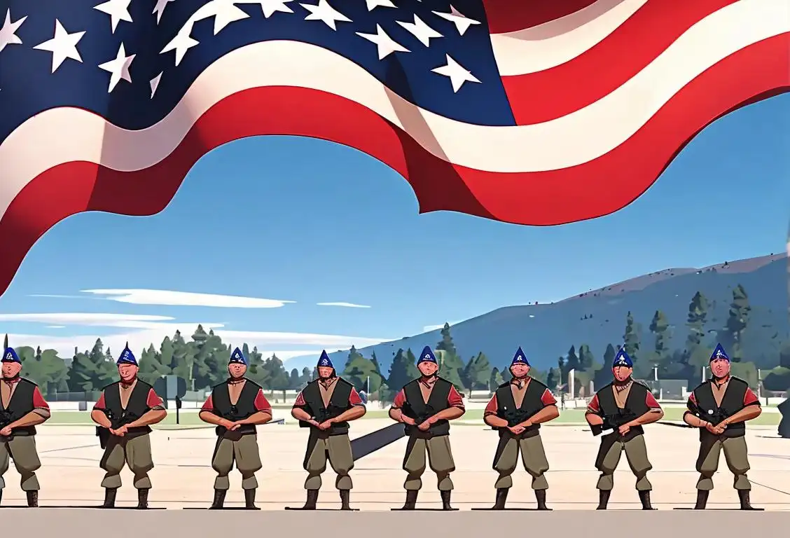 Group of National Guard members in uniform, standing in front of an American flag, diverse group, patriotic setting..