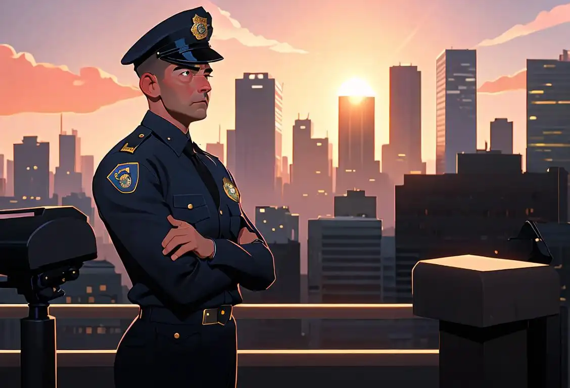 A police officer standing proudly in uniform, badge shining, surrounded by a cityscape at sunset..