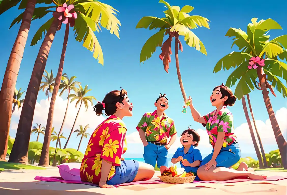 A happy group of Bubbas enjoying a picnic, wearing Hawaiian shirts, surrounded by palm trees and laughter..