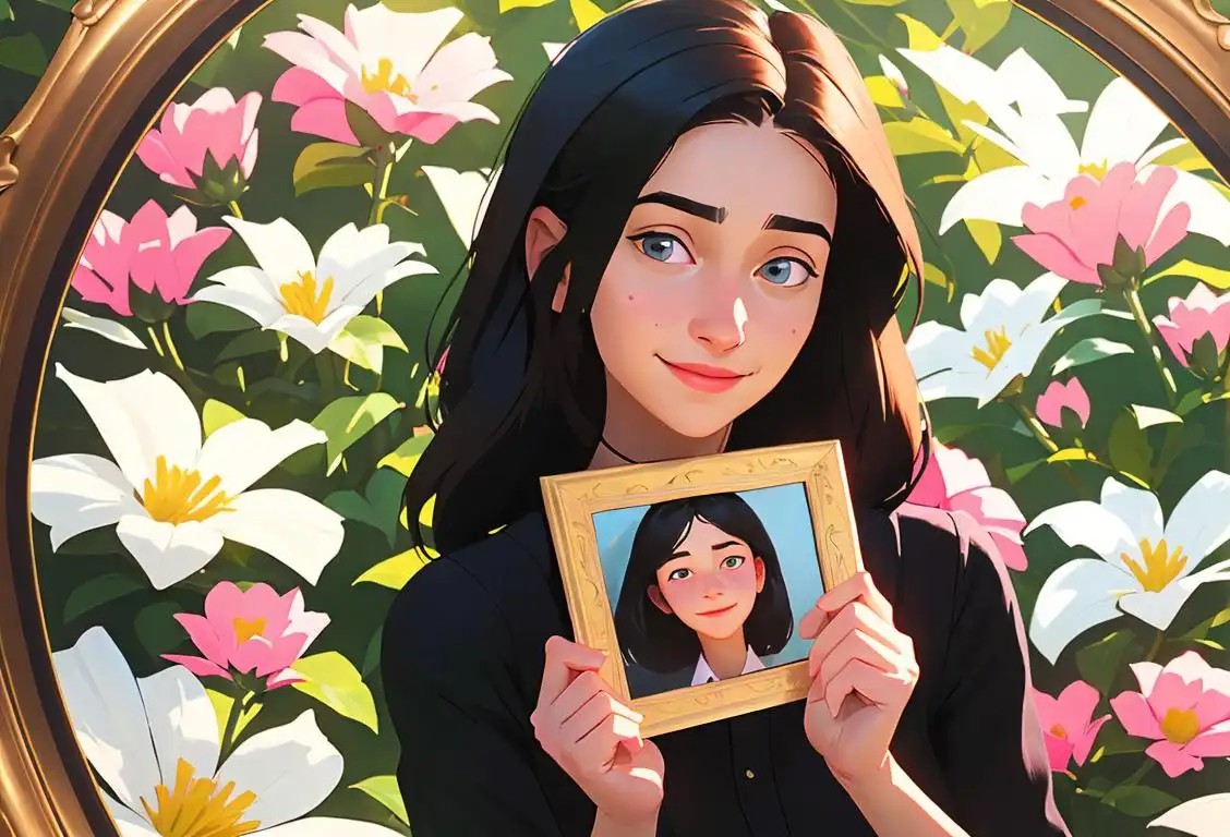Young woman with a tender smile, holding a picture frame with memories, surrounded by flowers and comforting elements..