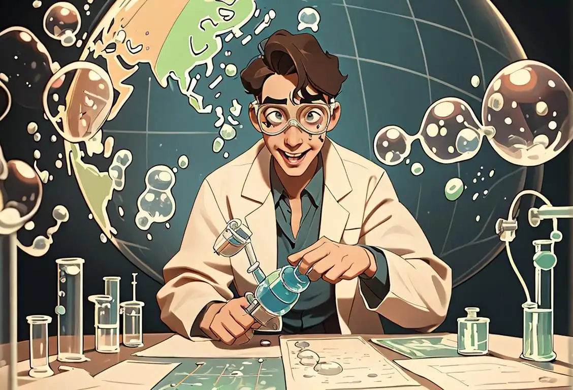 Excited scientist in lab coat and safety goggles, surrounded by bubbling test tubes and a world map.