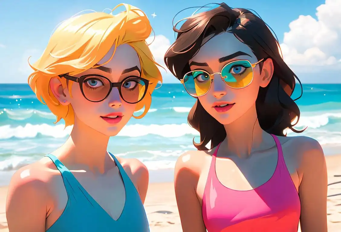 Two best friends enjoying a sunny day at the beach, wearing colorful swimsuits and sunglasses, with a backdrop of sparkling ocean waves..