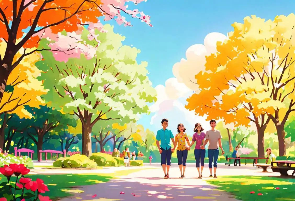 A group of diverse individuals smiling and holding hands, wearing colorful shirts, in a sunny park surrounded by trees and flowers..