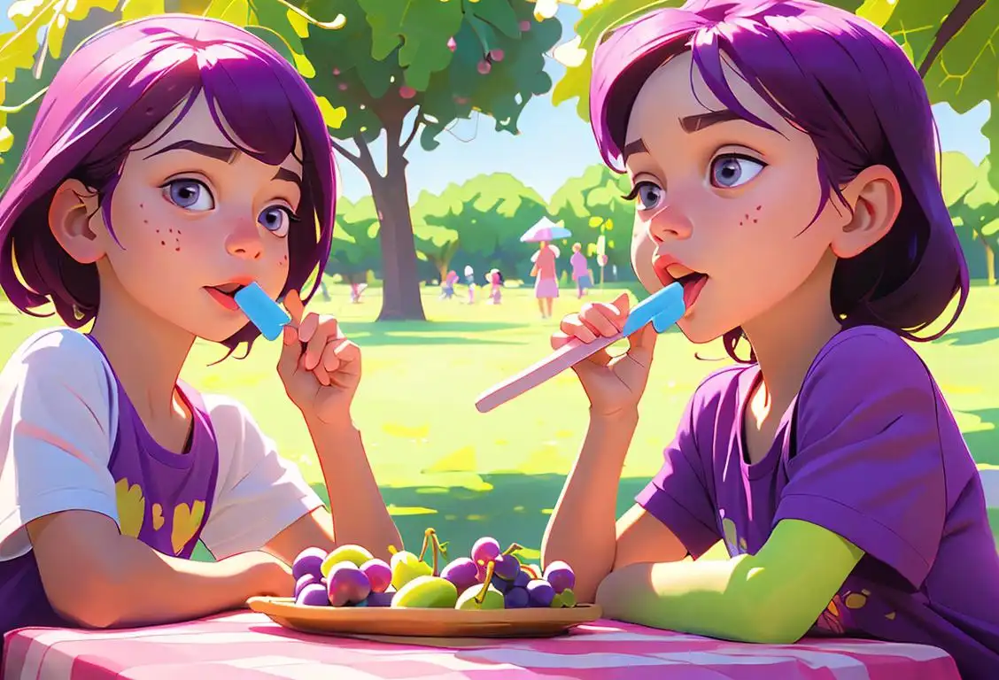 Children joyfully eating grape twin popsicles on a sunny day, wearing colorful summer outfits, picnic blanket, park setting..