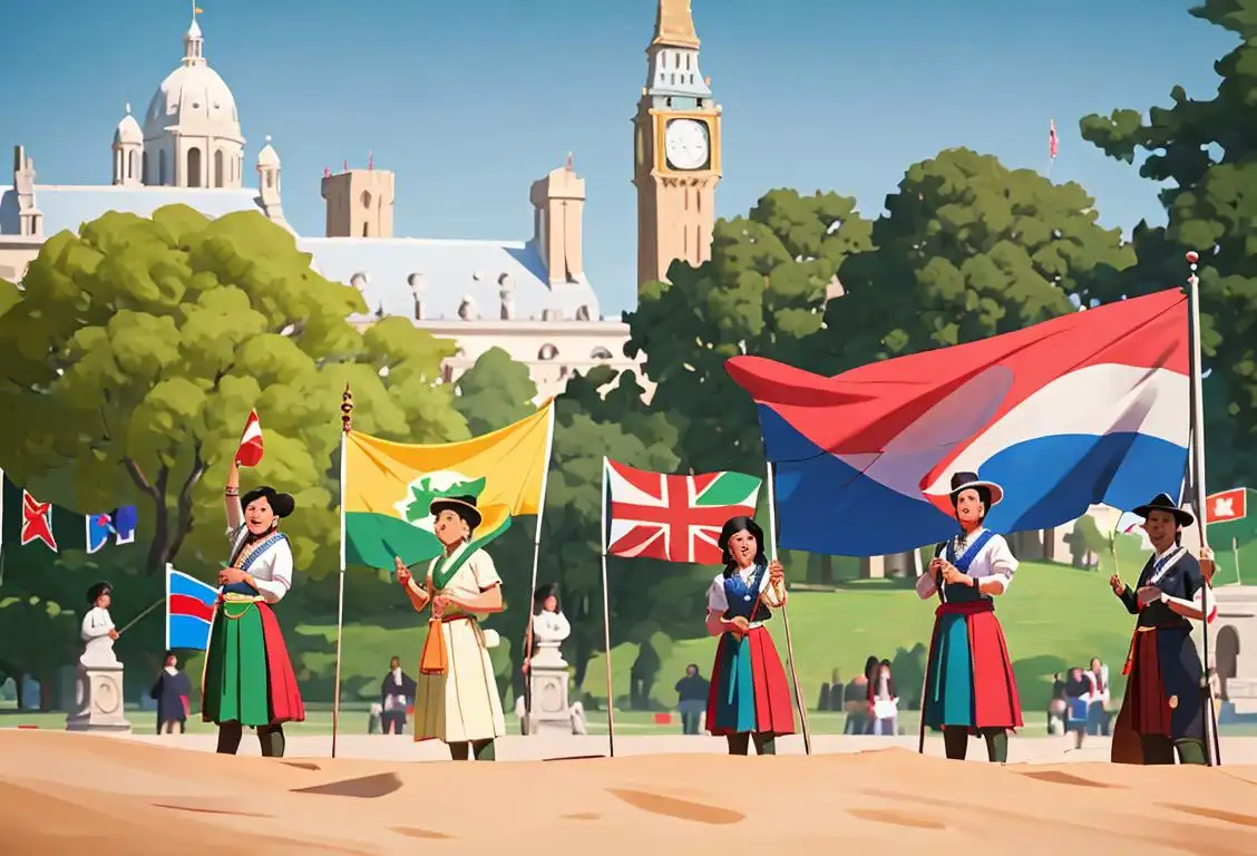 A group of diverse people waving national flags in a park, dressed in traditional attire representing different cultures, against a backdrop of iconic landmarks..