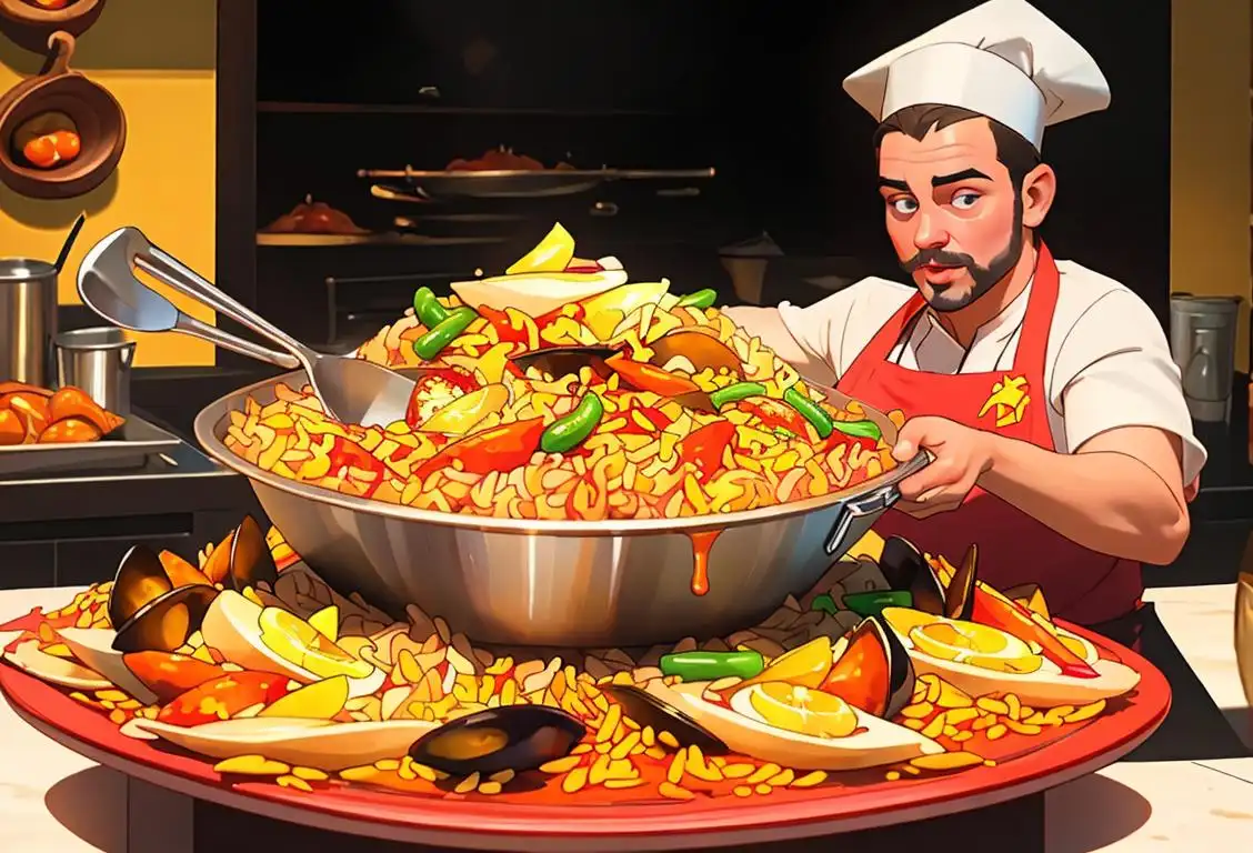 Cooking aficionado, wearing a chef hat, holding a colorful paella pan, surrounded by vibrant Spanish decorations..