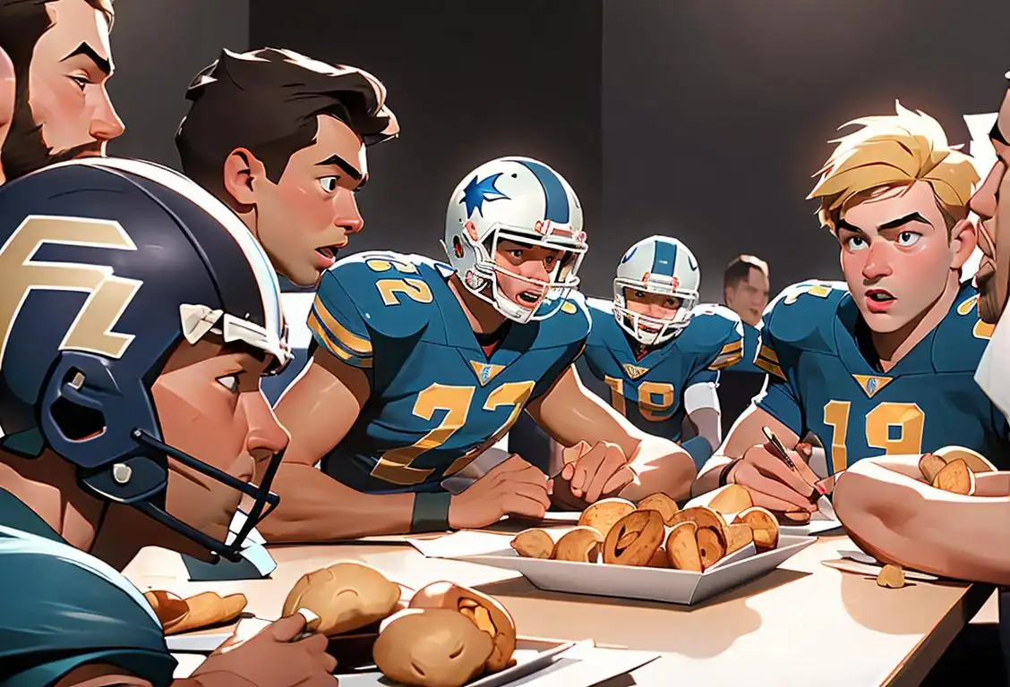 A group of people gathering around a table, drafting football players while wearing their favorite team merchandise, surrounded by snacks and excitement..