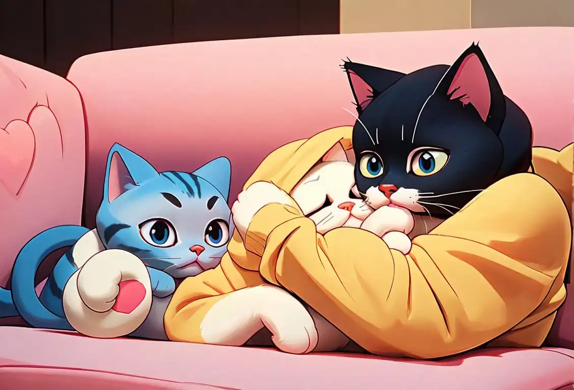 A person hugging a cute cat, wearing a cozy sweater, surrounded by toys and a comfy sofa..