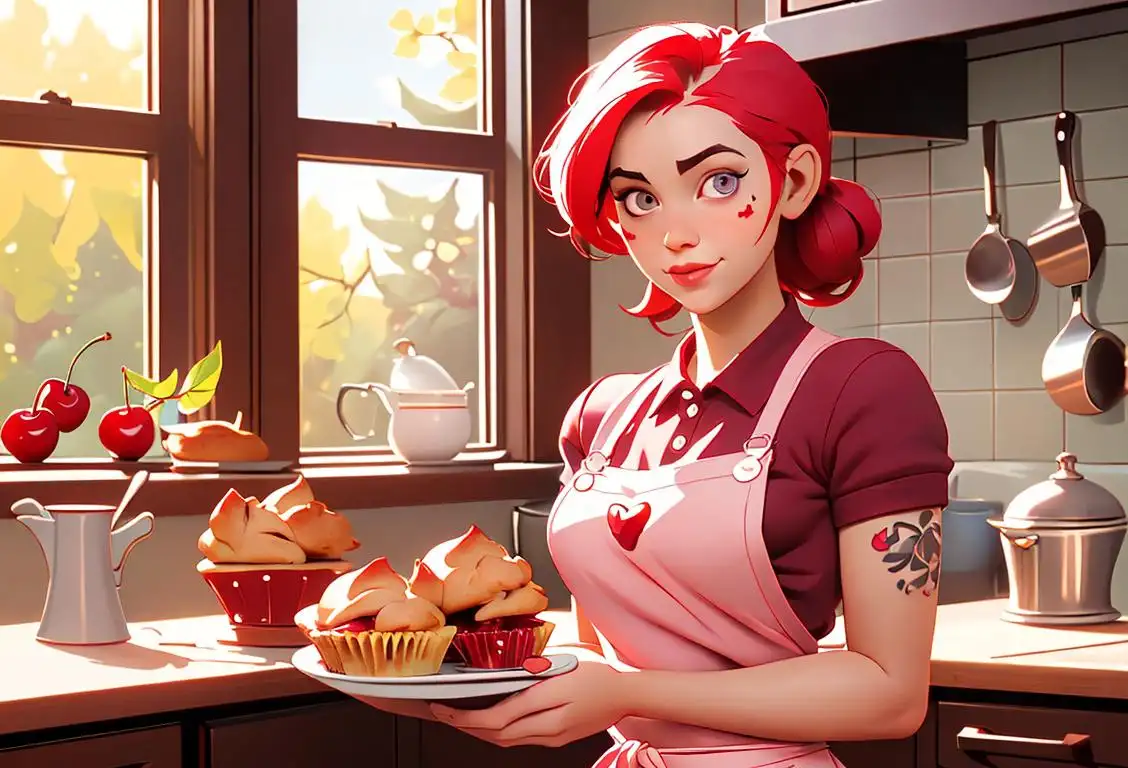 Young woman in a cozy kitchen, wearing a cherry-themed apron with muffin tattoos, surrounded by cherry pie muffins, radiating comfort and deliciousness..