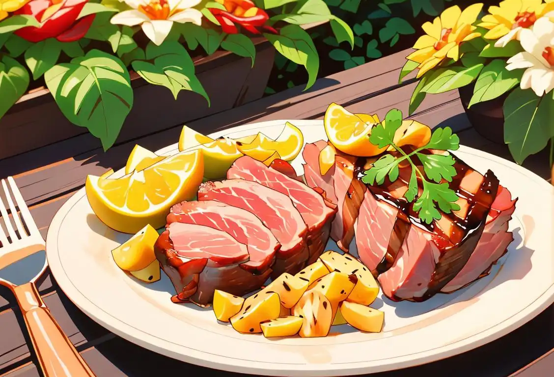 Plate of juicy pork chops, perfectly seasoned and grilled to perfection, served alongside a vibrant summer garden scene..