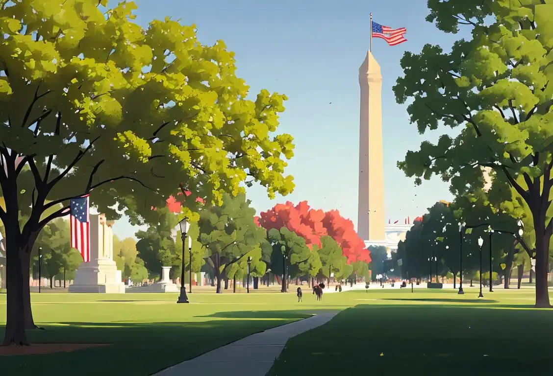 Peaceful scene of the National Mall with a patriotic flag blowing in the wind, surrounded by lush green trees..