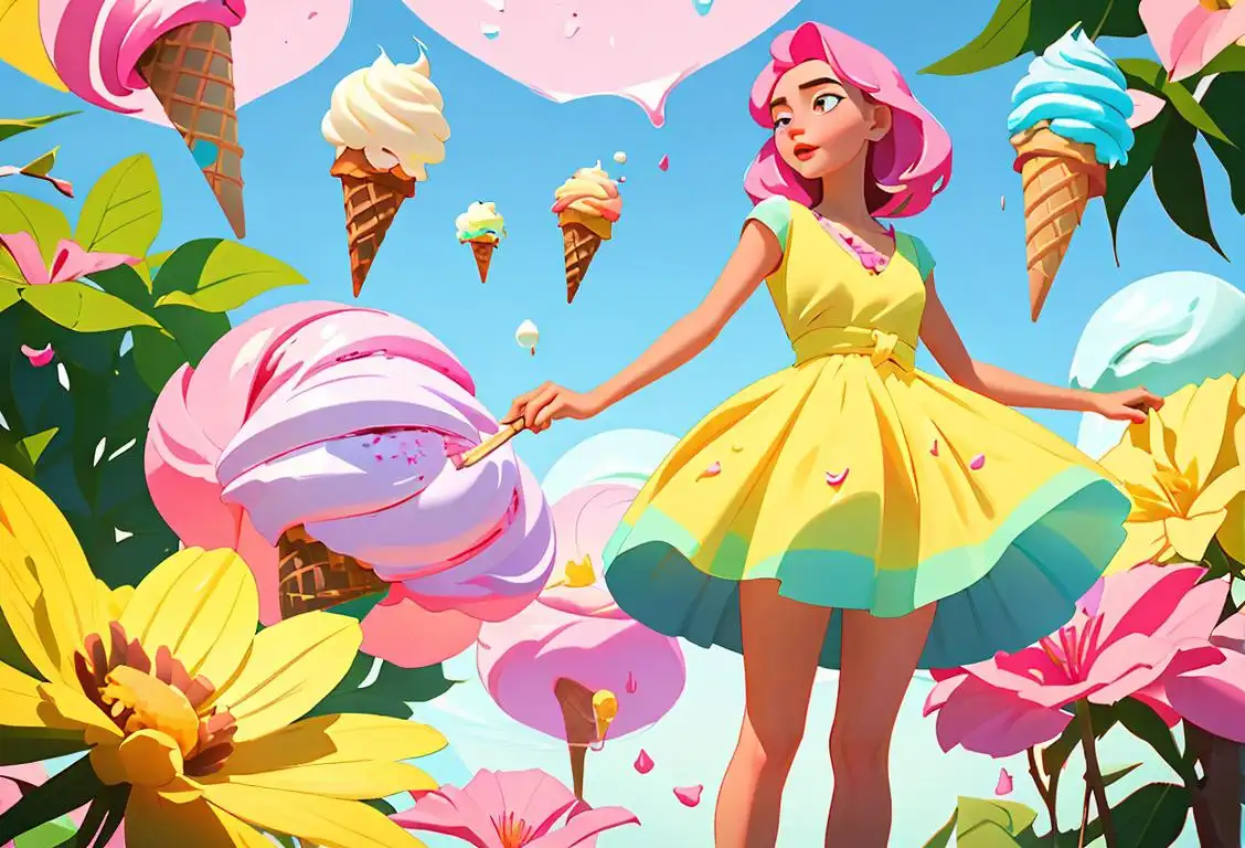 Young woman creating an imaginative ice cream flavor, wearing a colorful sundress, surrounded by an enchanting garden with floating ice cream cones..