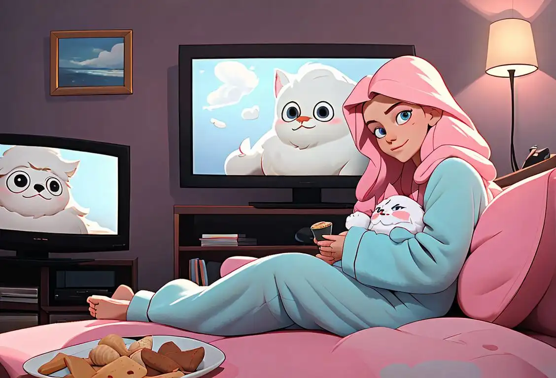 A person happily watching TV without a license, wearing comfy pajamas, in a cozy living room filled with snacks and a fluffy blanket..