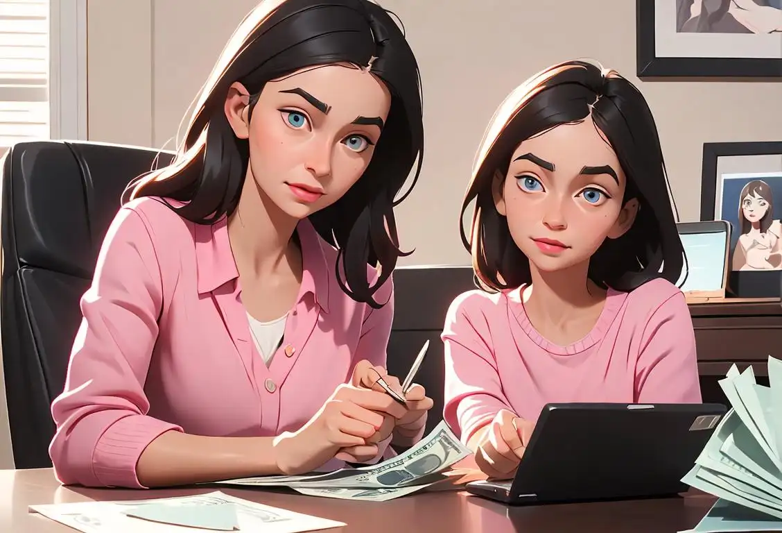 Mother teaching daughter how to transfer money online, wearing casual clothes, modern home office setting..