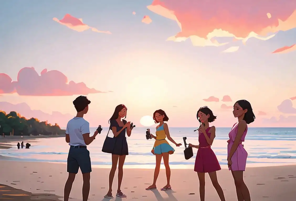 A diverse group of friends capturing a sunset at a picturesque beach, dressed in comfy summer outfits, enjoying the moment offline on National Get Off Social Media Day..