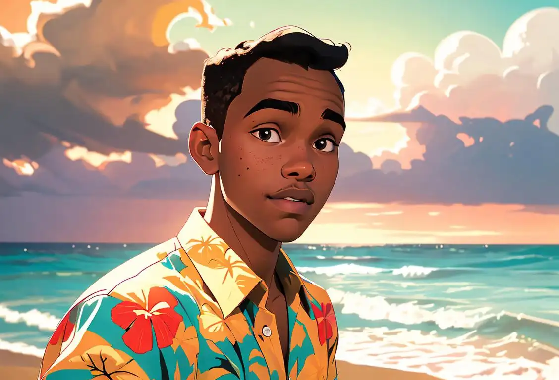 Young man with a serene expression, wearing a Hawaiian shirt, beach setting, surrounded by music notes and ocean-inspired artwork..